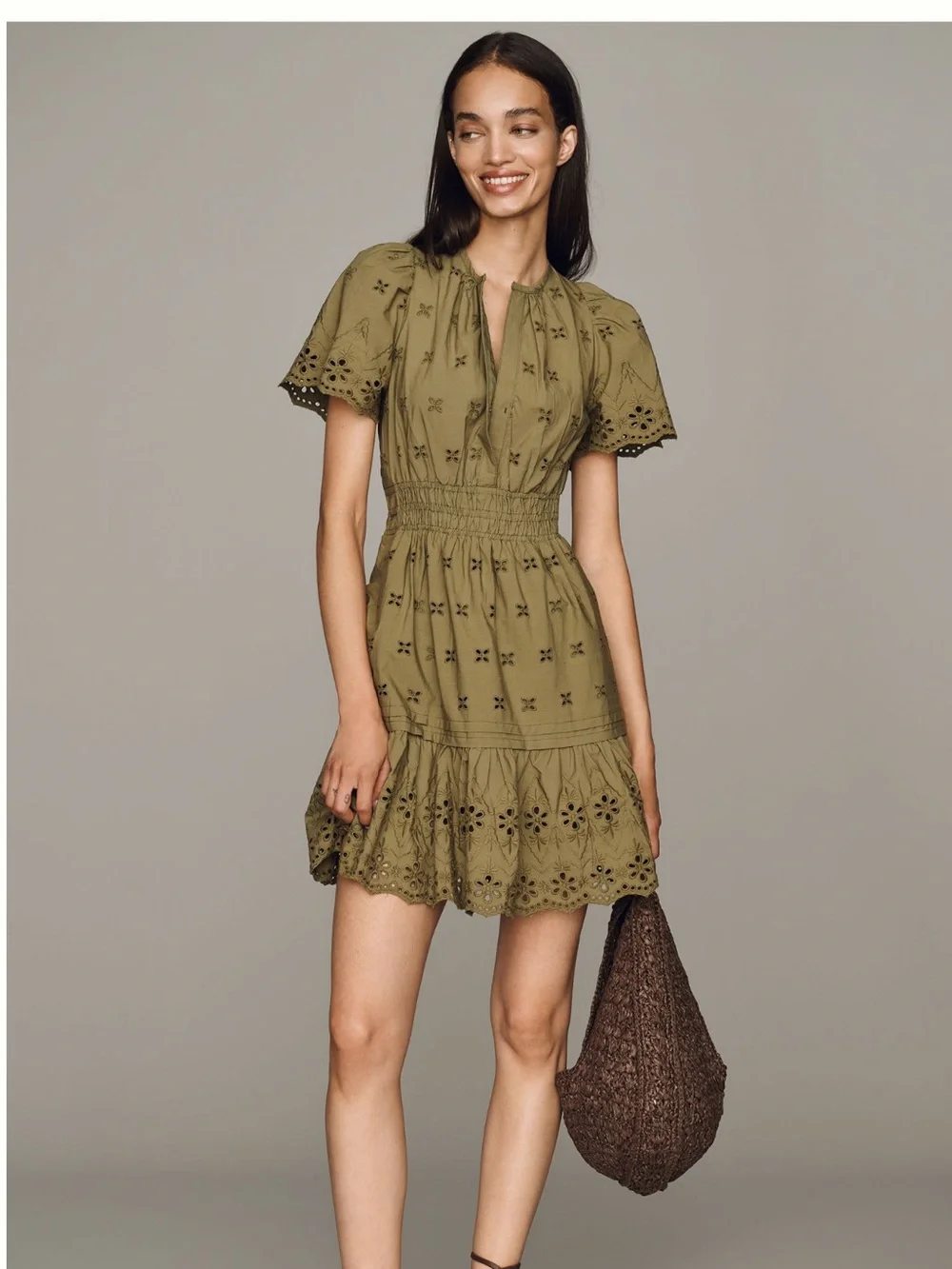 Anthropologie Somerset Smocked Mini Olive Eyelet Petite NWT - Picture 1 of 3